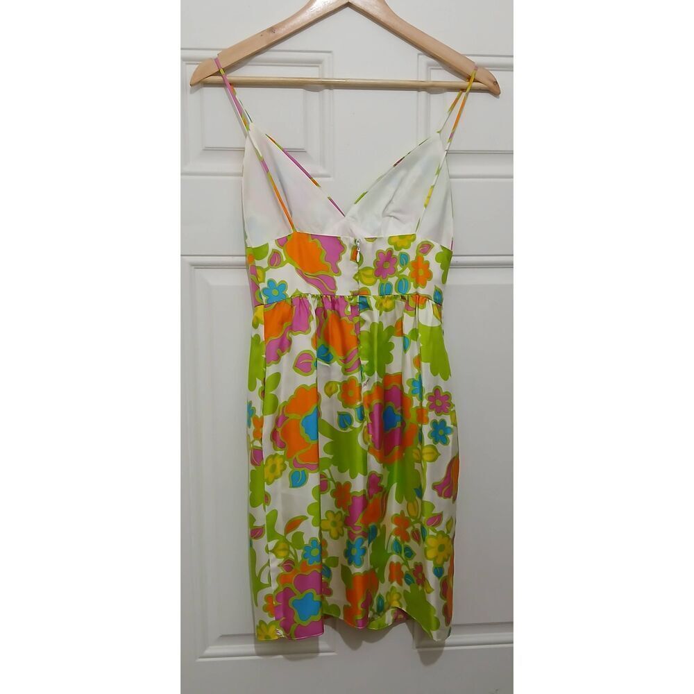 Milly new york size 0 women 100% silk floral green orange babydoll dress Pockets - Picture 5 of 8